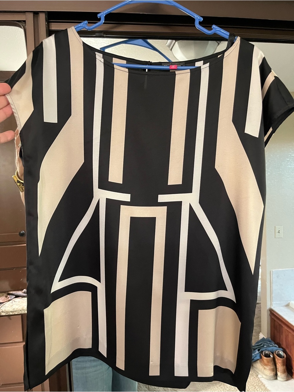 Vince Camuto Black and Beige Geometric Cap Sleeve Blouse